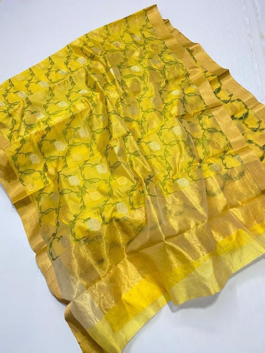 Leaf-green vine pattern on marigold-yellow Chanderi silk saree