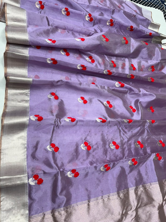 Handwoven lavender purple Pattu Silk Chanderi saree