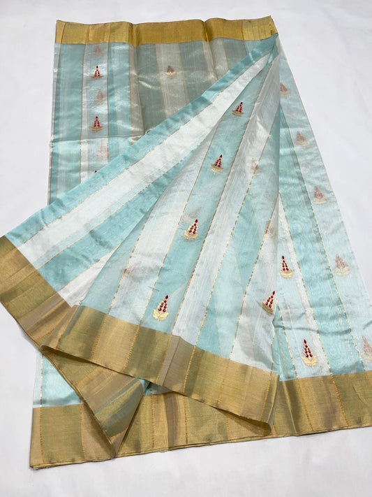 Powder blue pure silk Chanderi handloom saree with gold zari borders and woven motifs