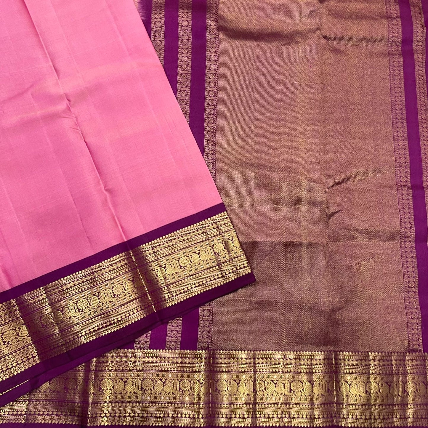 Full view of orchid pink lightweight pure silk Kanchipuram saree with plum varisaipet border — Idam Living