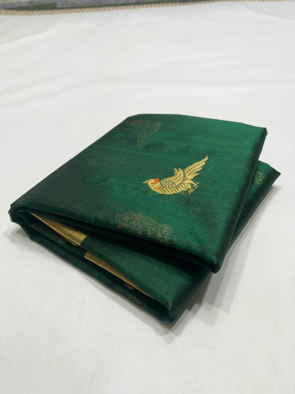 Handwoven emerald green Chanderi silk saree photographed in soft natural light ready to ship from New Jersey