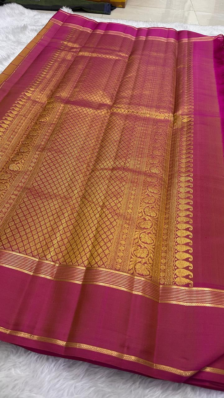 Mustard Yellow pure silk Kanchipuram saree — lightweight pink