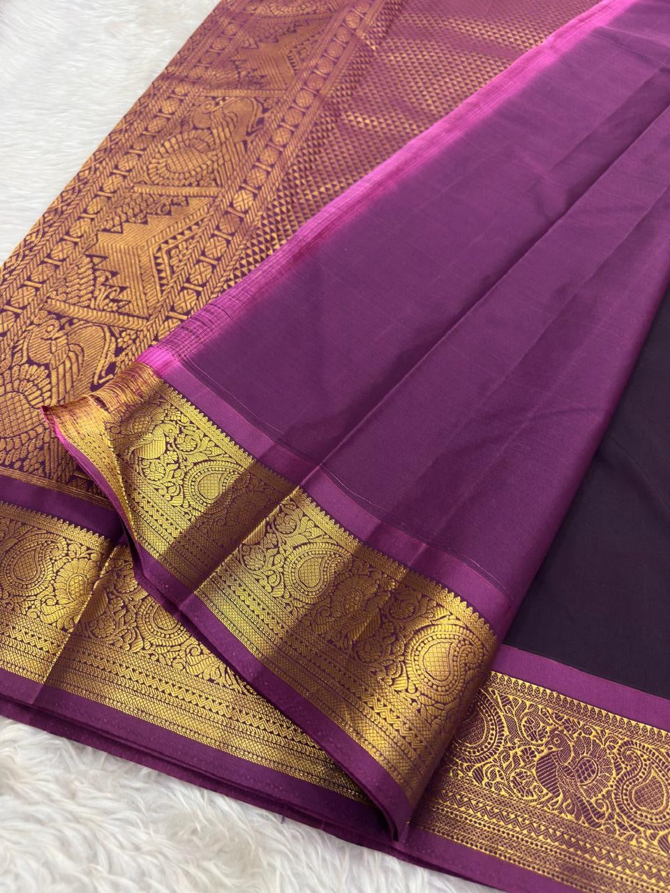 Handwoven lightweight violet Kanjivaram saree with festive heirloom pallu