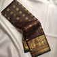 Cinnamon brown handwoven pure silk Kanjeevaram saree with peacock motif border — full saree overview — Idam Living