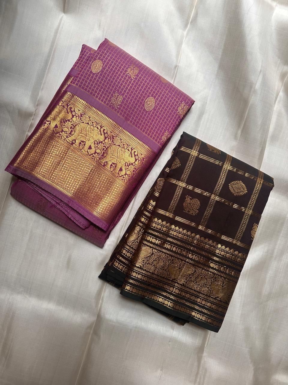 Lightweight Kanjeevaram silk saree in deep cinnamon brown with zari kattam weave