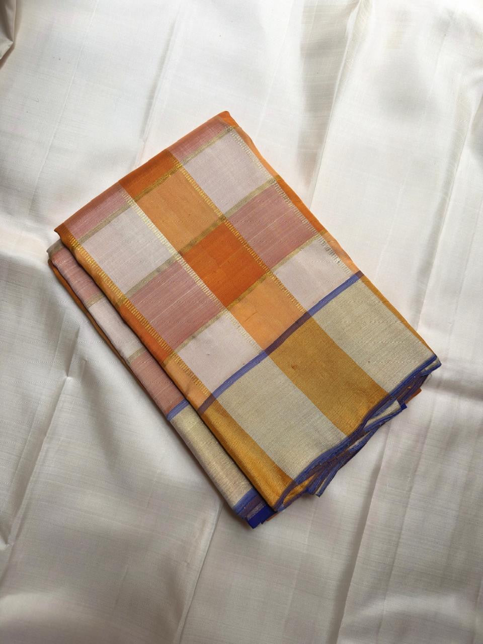 Mango Yellow and Royal Blue Lightweight Kanjivaram Kattam Saree with Seer Pallu showing mango ivory checks