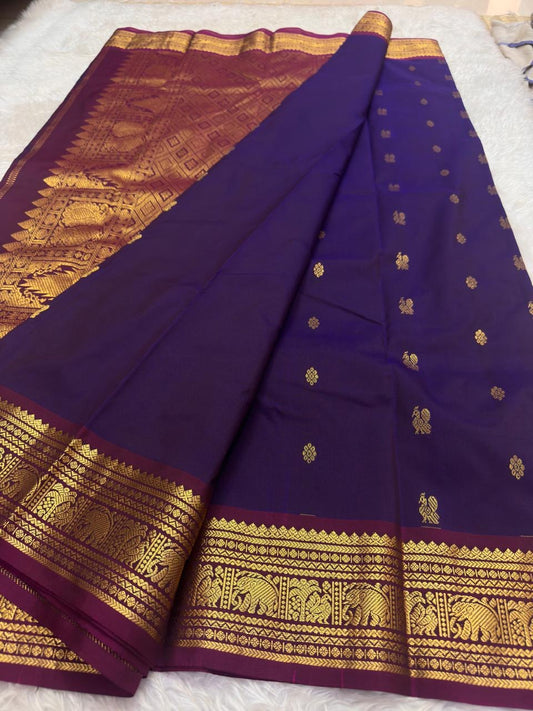 Royal violet korvai Kanjivaram silk saree with traditional gold zari detailing