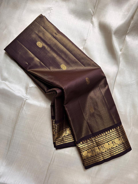 Cinnamon brown handwoven pure silk Kanjipuram saree — full drape with gold zari floral motifs — Idam Living