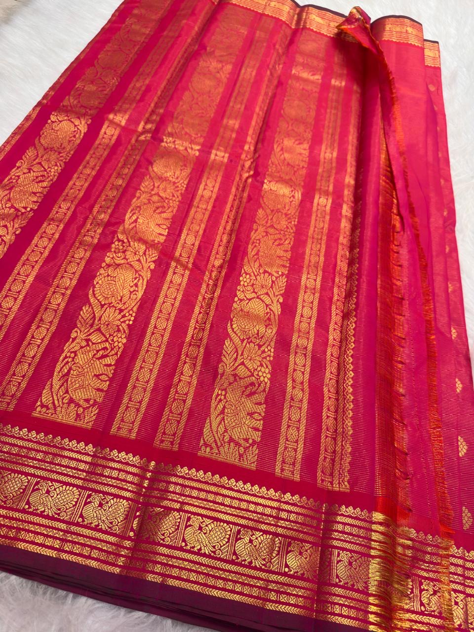 Raspberry pink handwoven pure silk KanchiPattu saree — full drape with gold zari floral motifs — Idam Living