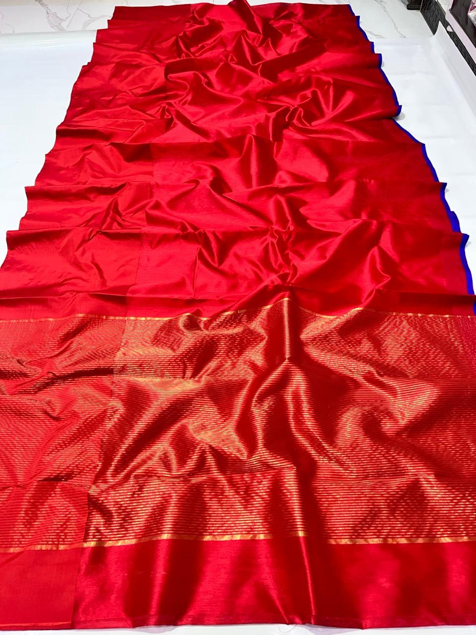 Pure silk ruby red Chanderi saree with traditional zari border ready to ship from USA