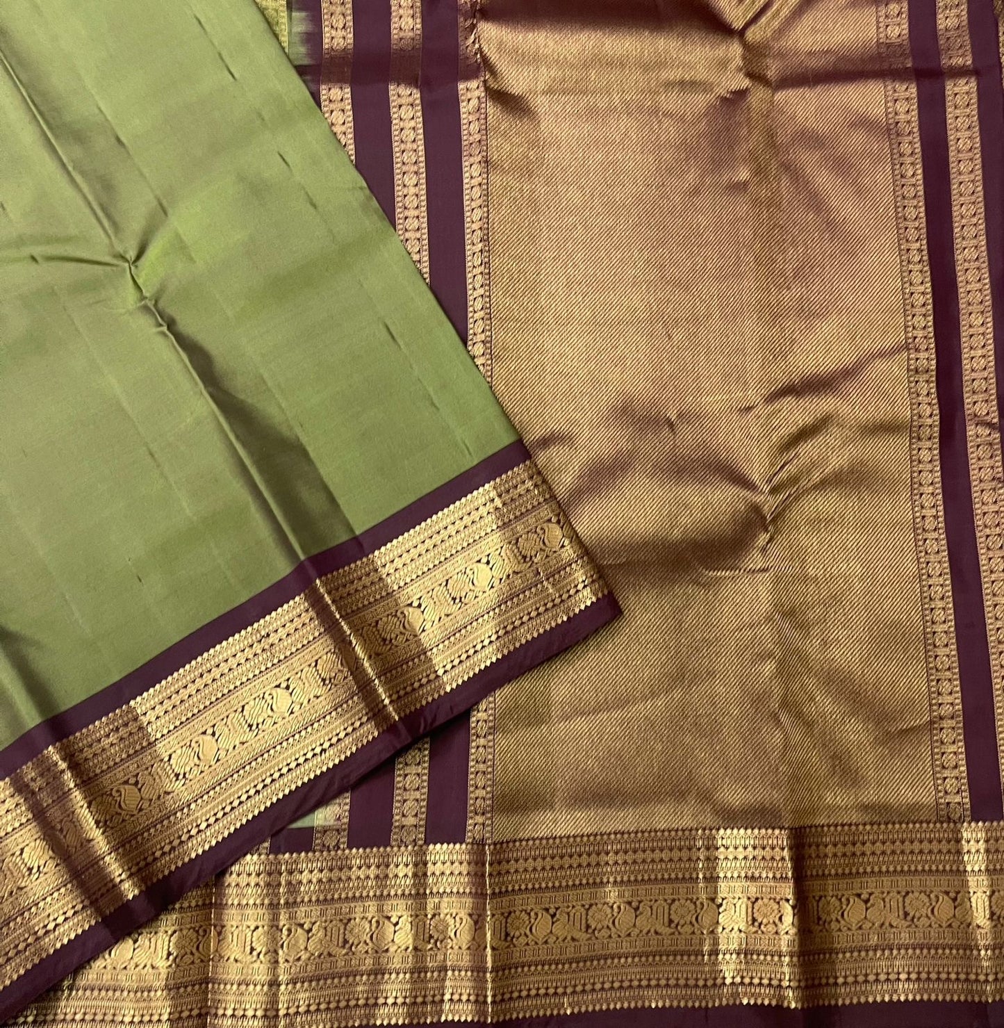 Lightweight sage green Kanchi Pattu silk saree with compact plum varisaipet gold zari border — Idam Living