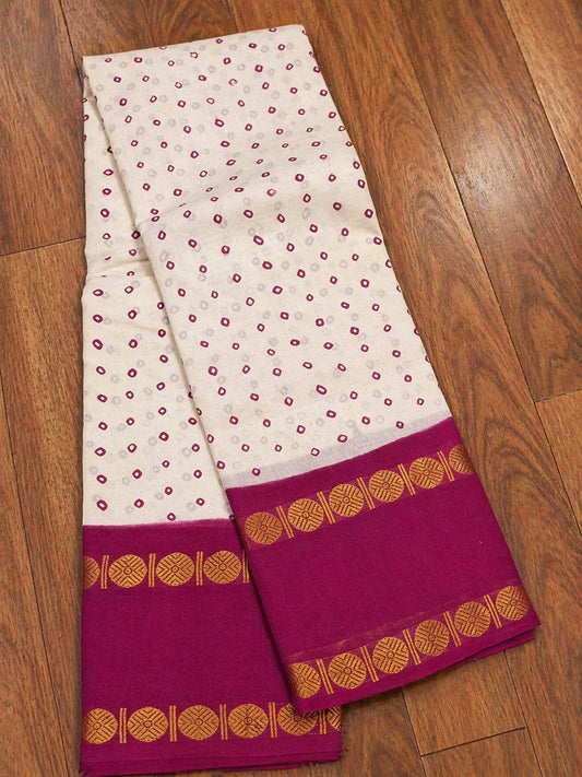 wax resist cotton saree with mukkatti dot design and structured rettapet edge detail