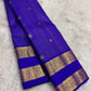 Royal blue handwoven pure silk Kancheepuram saree with Zari Kattam body Mayil Chakram butta and ornate antique gold zari border overview