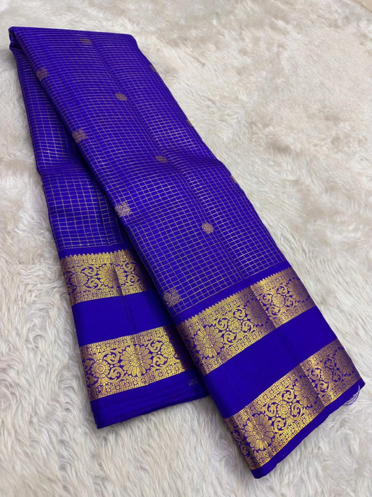 Royal blue handwoven pure silk Kancheepuram saree with Zari Kattam body Mayil Chakram butta and ornate antique gold zari border overview