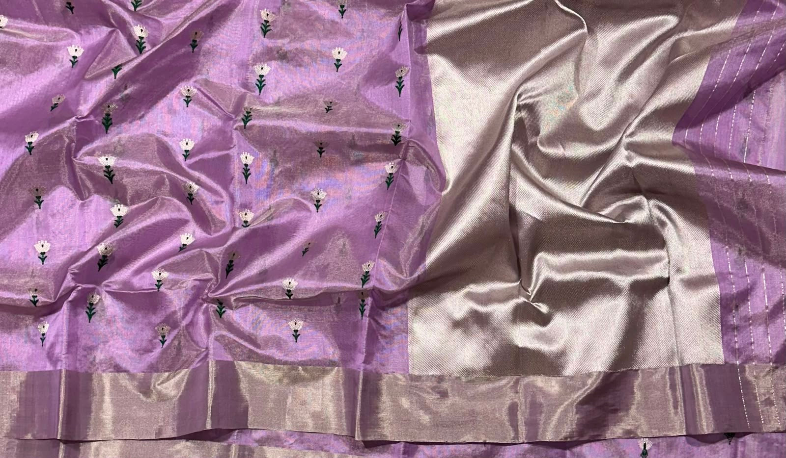 Lilac Tissue Pattu Silk Chanderi saree with handwoven floral buttas, full saree view