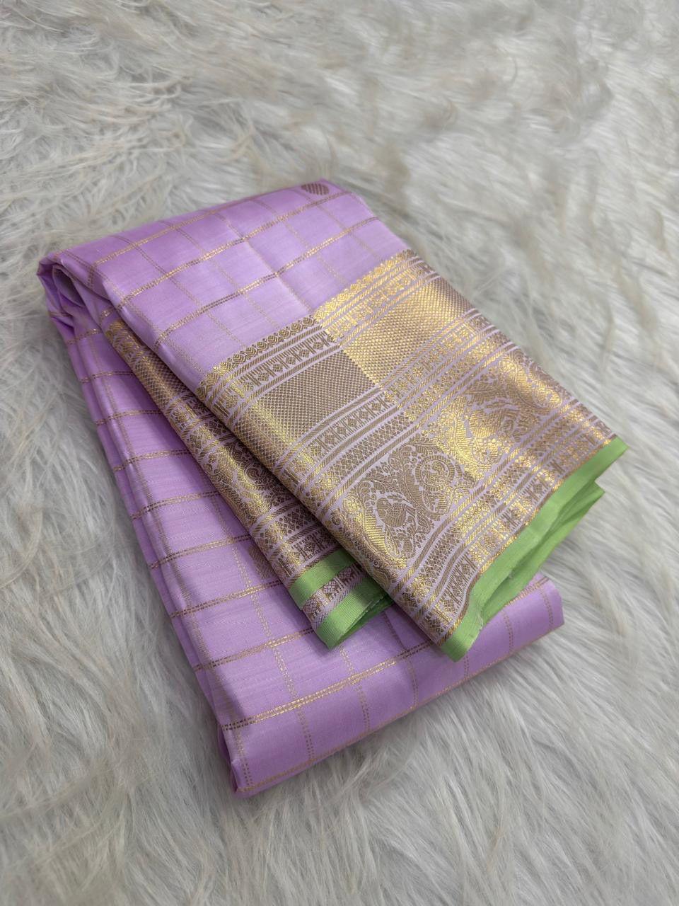 Lilac Mist and Pista Green Pure Silk Kancheepuram Zari Kattam saree by Idam Living