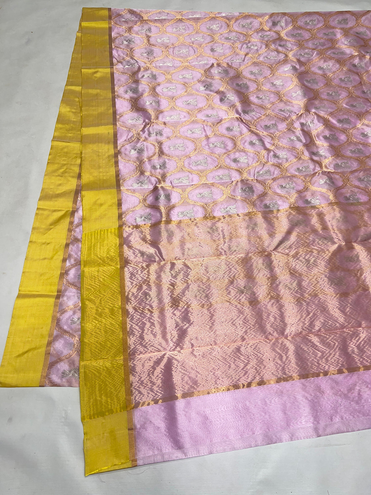 Lilac pink Pattu Silk Chanderi saree with metallic floral lattice