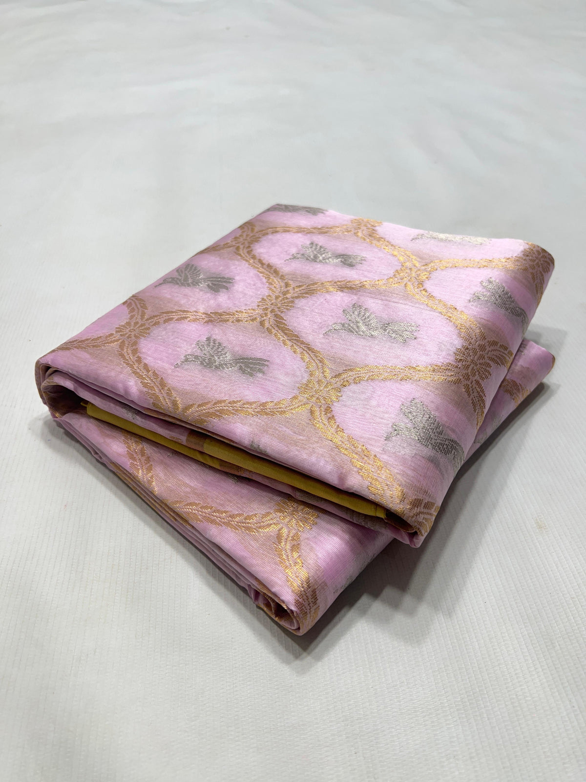 Lilac pink handwoven Pure Silk Chanderi saree with mustard-yellow border