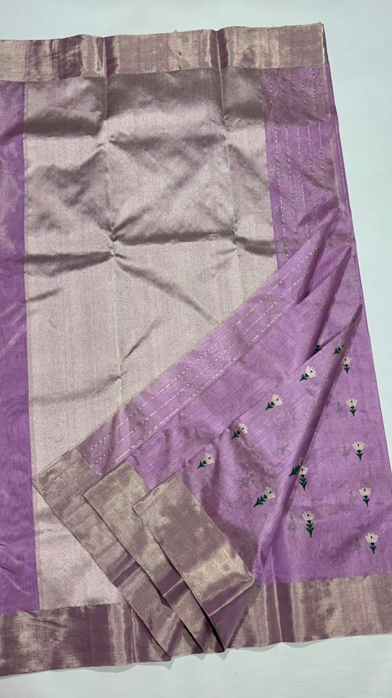 Lilac Pure Silk Chanderi saree with silver-gold tissue border framing the body