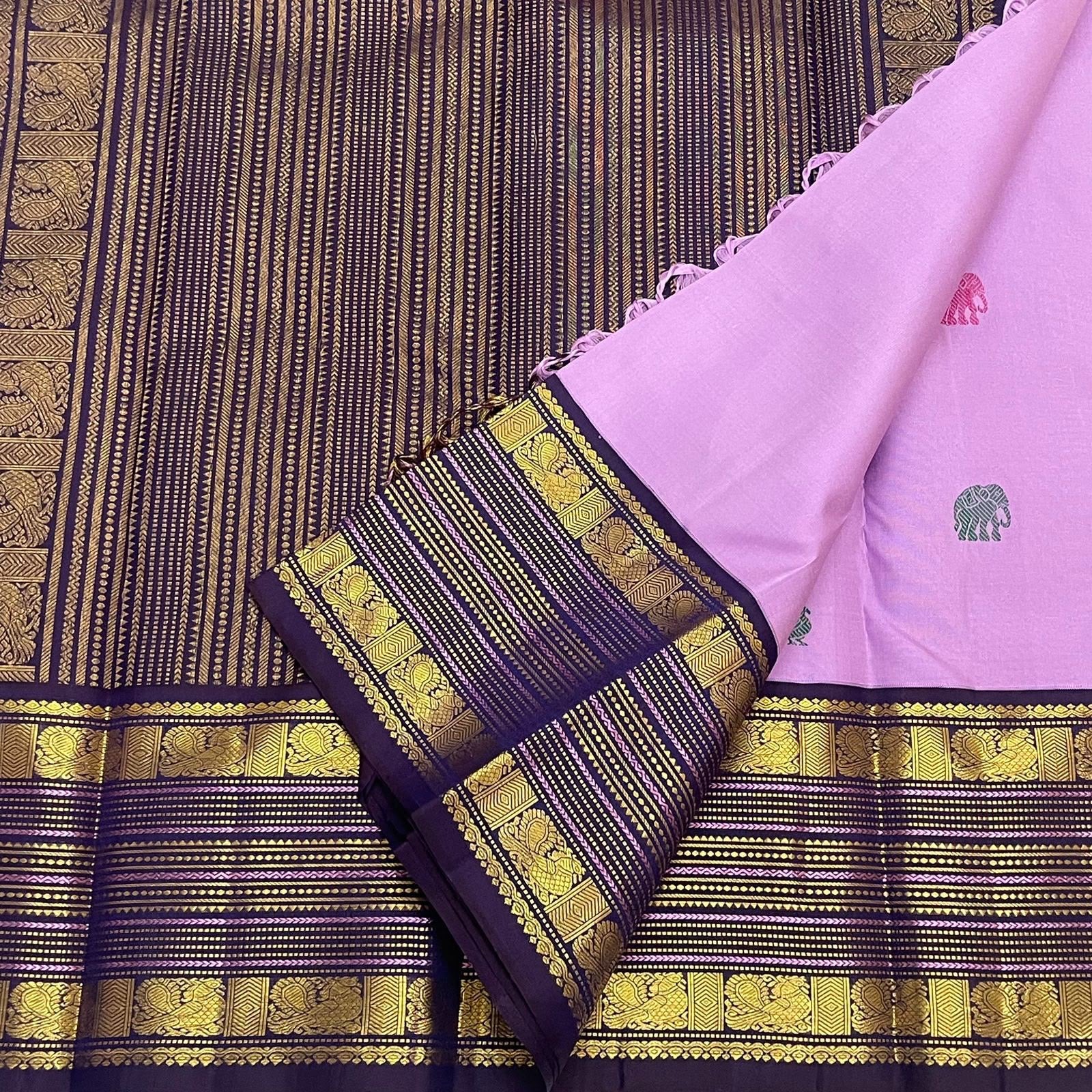 Navy-purple multi-band gold-pink zari pallu detail