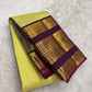 Handwoven pure silk Kanjipuram saree in lime chartreuse with Kudhirai flying horse butta and deep purple Kai Korvai dense antique gold zari border Silk Mark certified