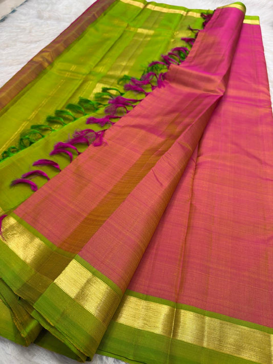 Rose pink Kanjeevaram silk saree lime green border with broad gold zari, border detail