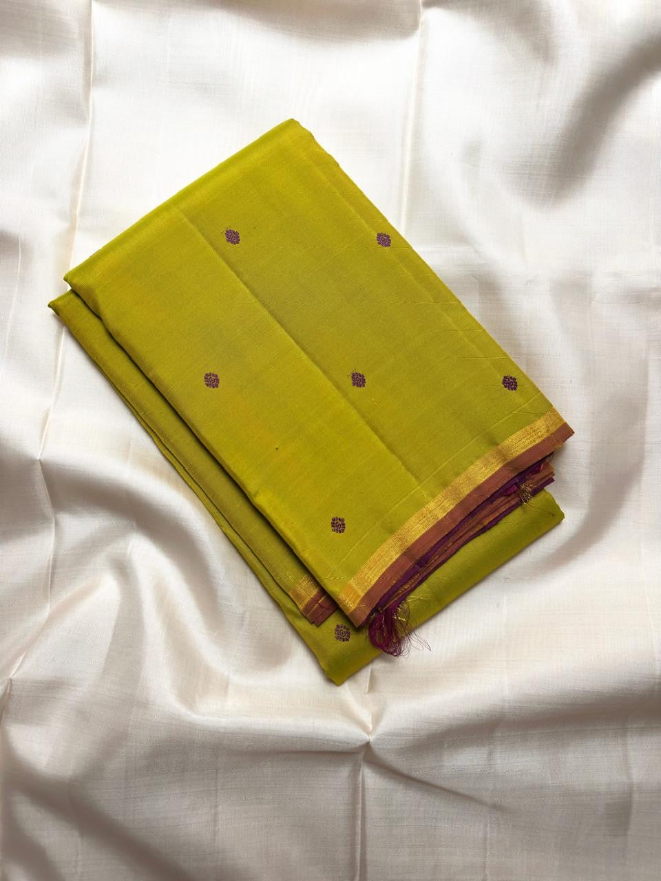 Lime Green Pure Silk Kanjivaram Saree — full saree overview, Butta weave with petite border — Idam Living