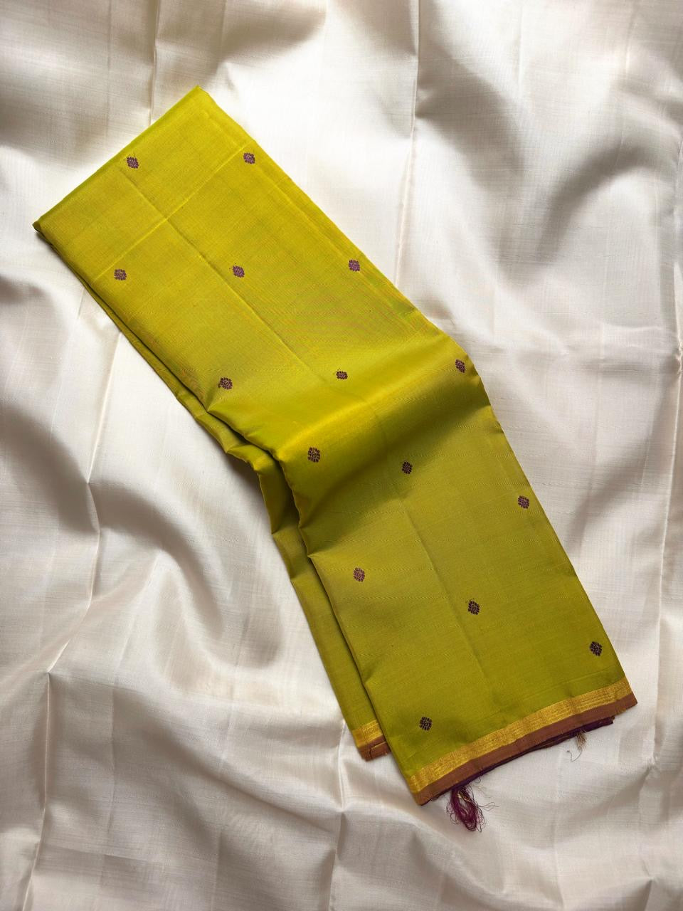Lime Green Kanjivaram Saree — delicate petite zari border detail
