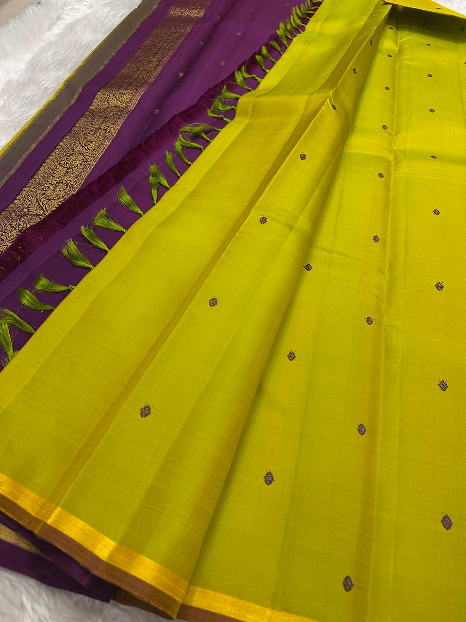 Lime Green Kanjivaram Saree — full drape, pure silk Kanchipuram handwoven — Idam Living