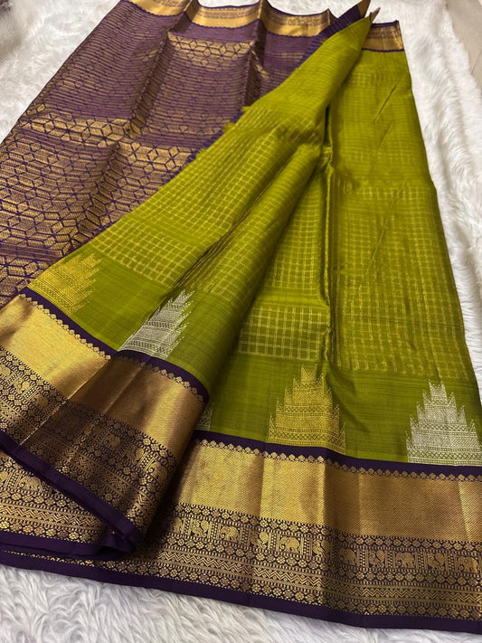 Lime green Kanjeevaram saree with deep purple Yaanai zari border — Idam Living