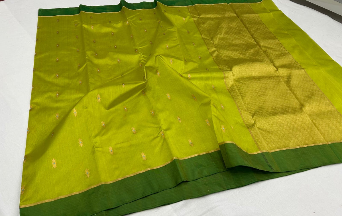 Lime Green Pattu Silk Chanderi saree close view with petite gold and turquoise buttas and wide Forest Green silk border