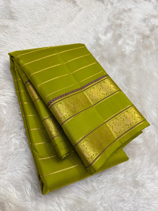 Seepu reku gold zari stripes on lime green Kanchipuram pure silk saree body — Idam Living
