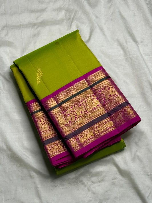 Parrot green Kanjeevaram silk saree with gold zari mayil butta on pure silk body — Idam Living