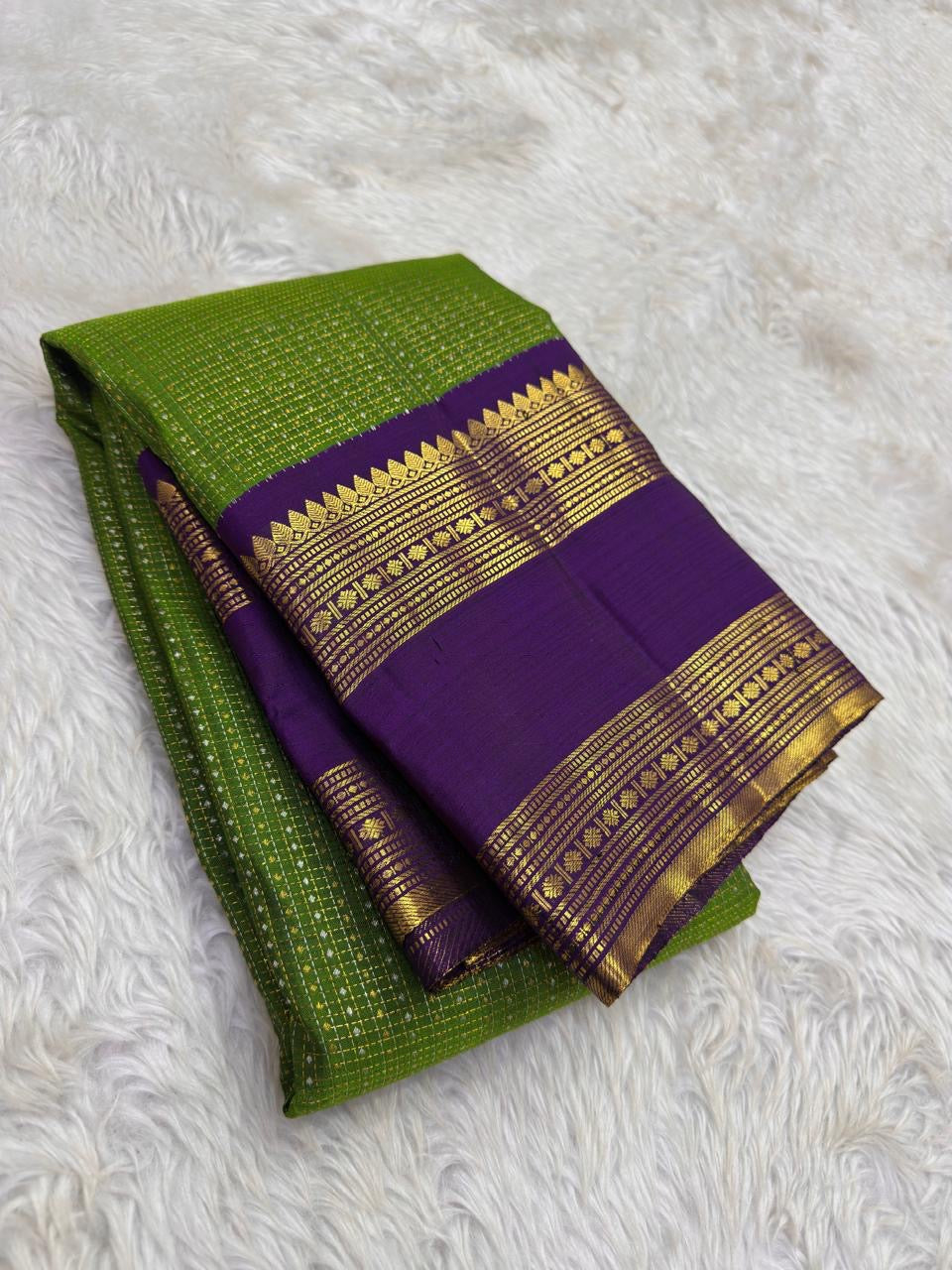 Lime Green and Purple Handwoven Pure Silk Kanjipuram Saree with Zari Kattam Body and Gold Rettapet Border