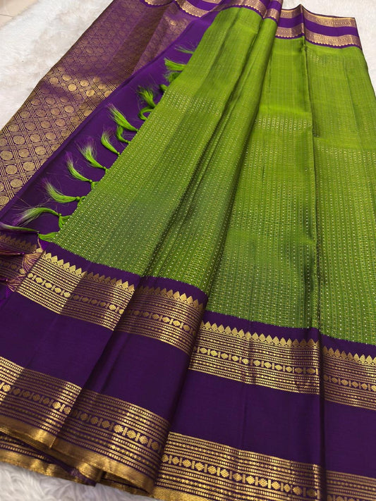 Lime Green and Purple Handwoven Pure Silk Kanjipuram Saree with Zari Kattam Body and Gold Rettapet Border