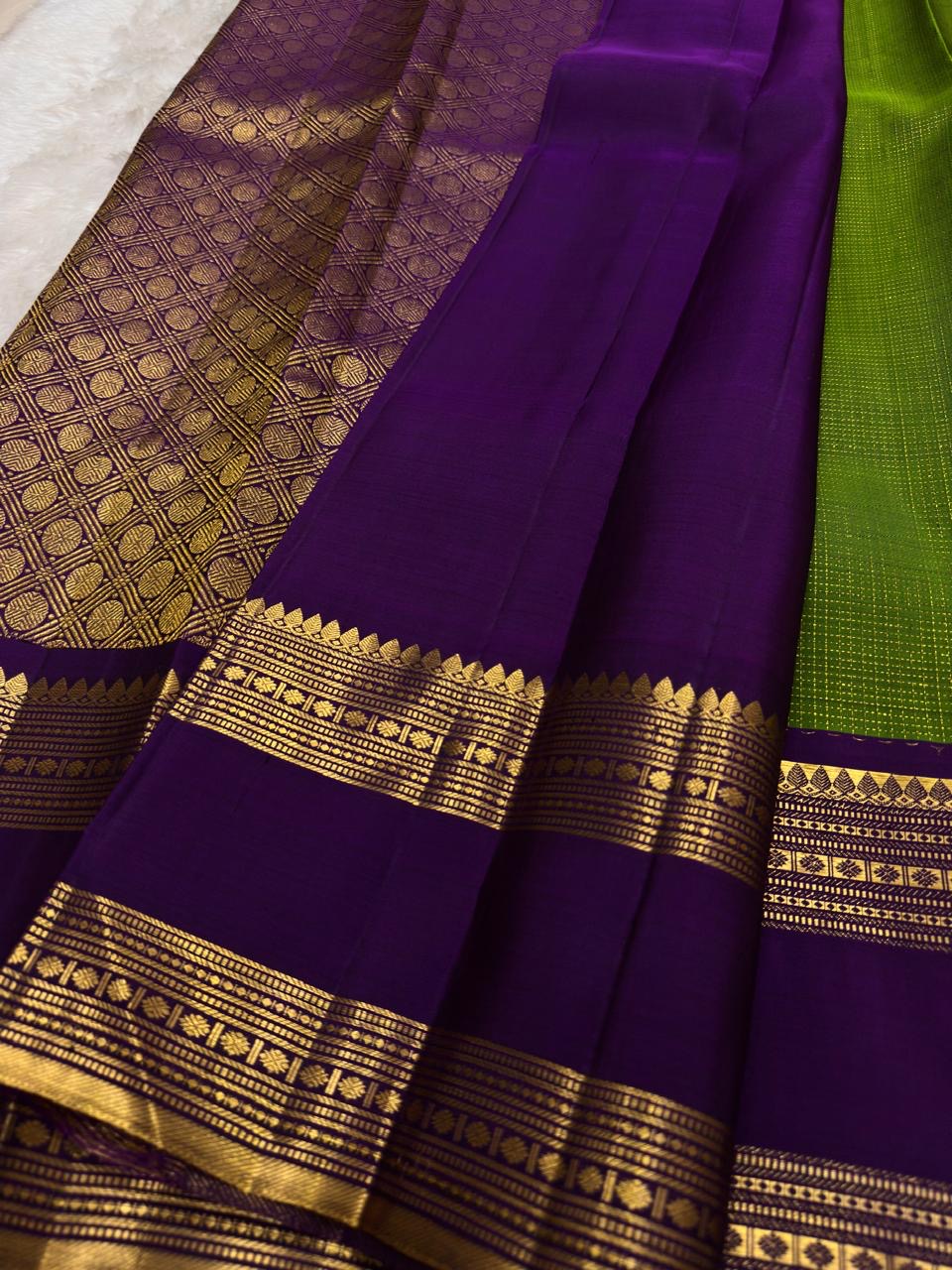 Lime Green and Purple Handwoven Pure Silk Kanjipuram Saree with Zari Kattam Body and Gold Rettapet Border