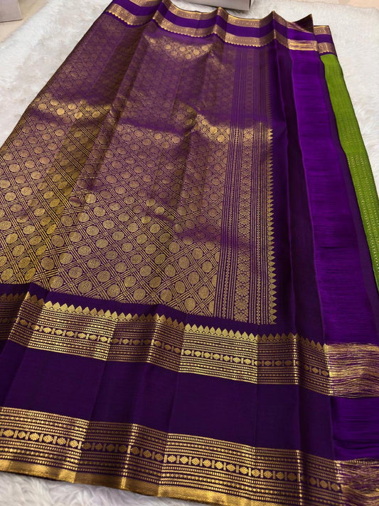 Lime Green and Purple Handwoven Pure Silk Kanjipuram Saree with Zari Kattam Body and Gold Rettapet Border