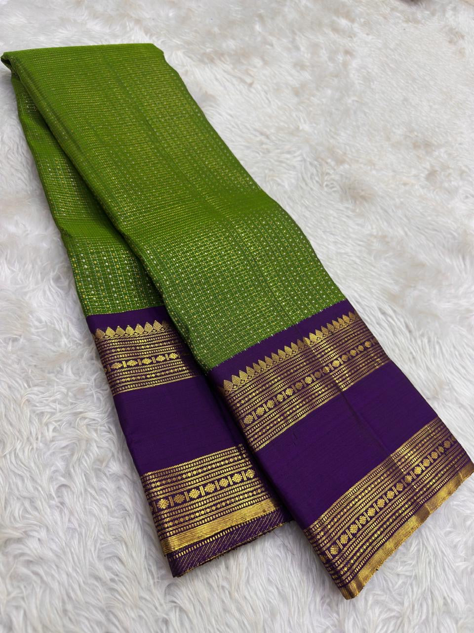 Lime Green and Purple Handwoven Pure Silk Kanjipuram Saree with Zari Kattam Body and Gold Rettapet Border