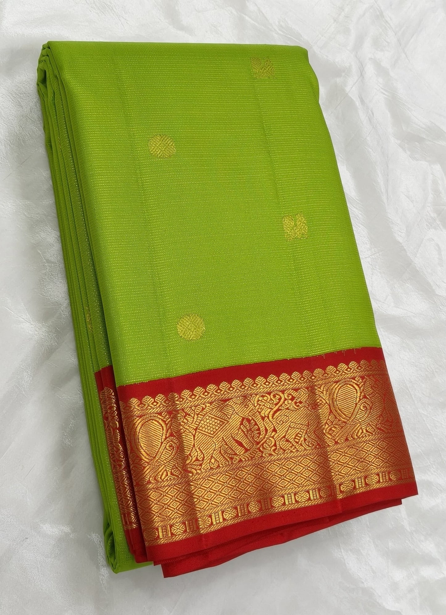 Lime Green and Red Handwoven Pure Silk Kancheepuram Saree with Floral Butta and Vairaoosi Weave