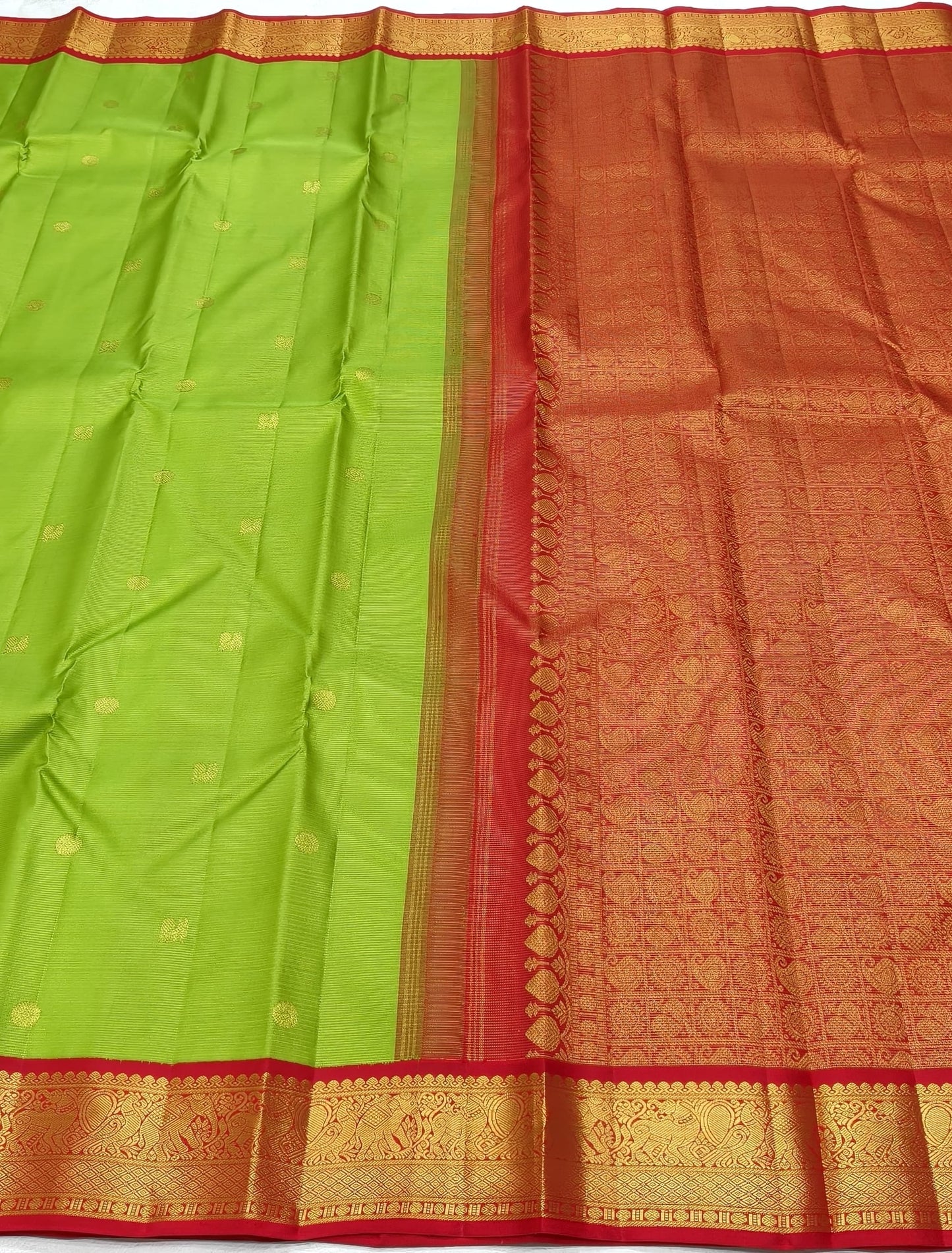Lime Green and Red Handwoven Pure Silk Kancheepuram Saree with Floral Butta and Vairaoosi Weave