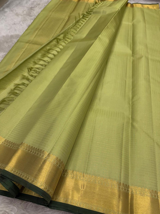 Pistachio Zari Kattam pure silk Kanchipuram saree with antique gold zari border — full overview, Idam Living