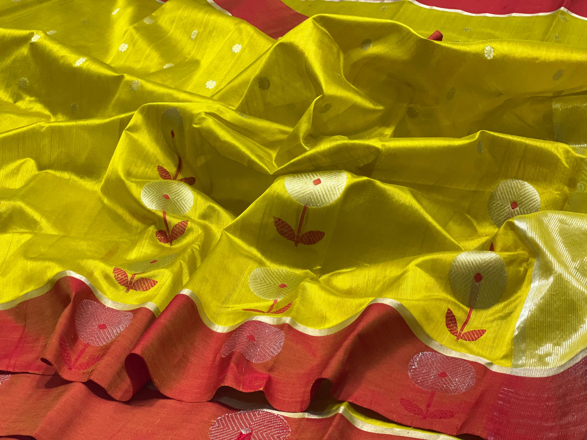 Lime yellow Pattu Silk Chanderi saree with a coral red floral border
