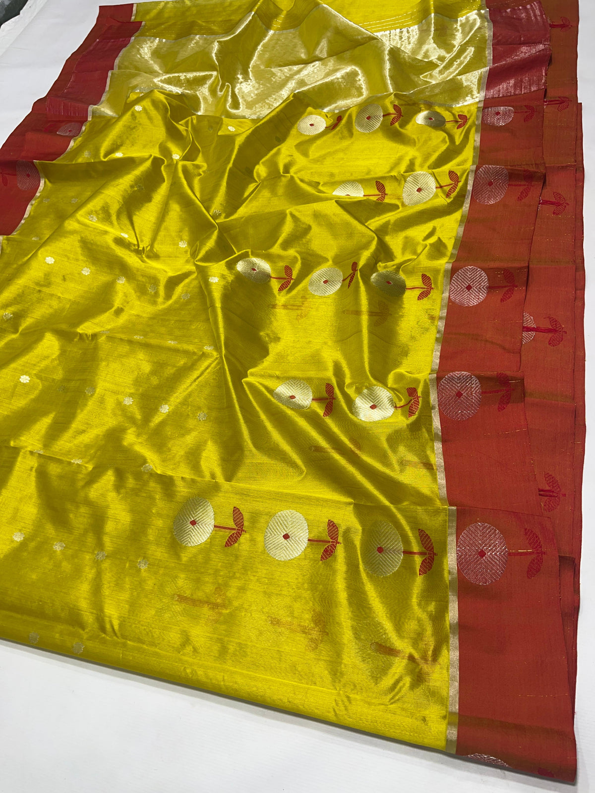 Luminous lime yellow handloom Pattu Silk Chanderi saree with gold buttas