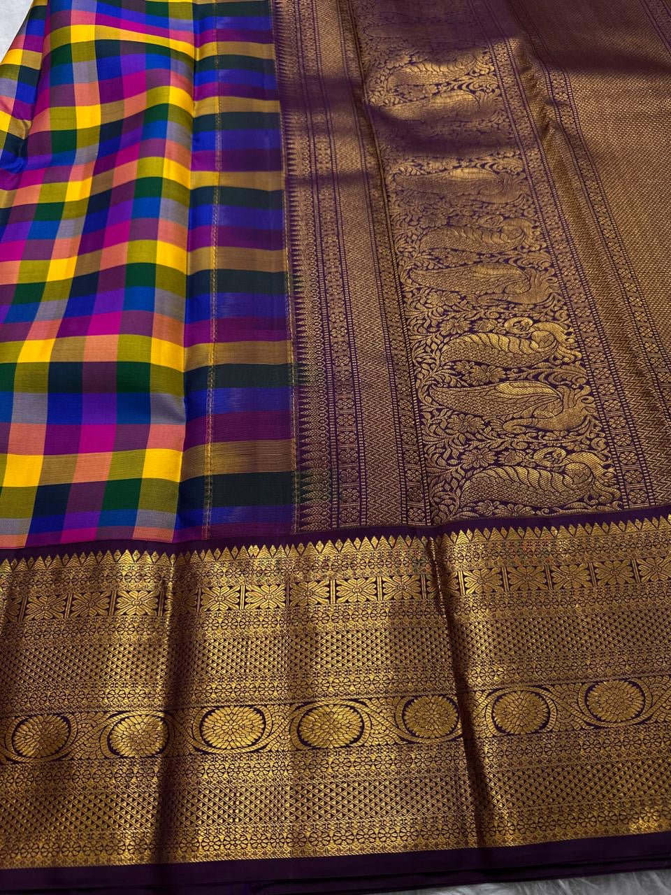 Closely arranged bright silk check pattern in many colour families | Kancheepuram pure silk saree.