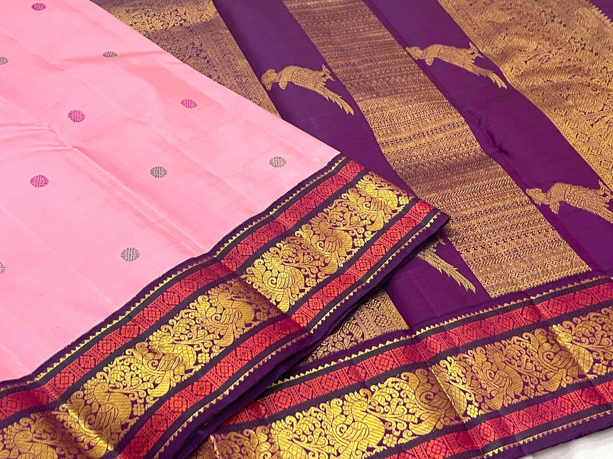 Grand Deep Purple zari pallu with parrots woven in zari