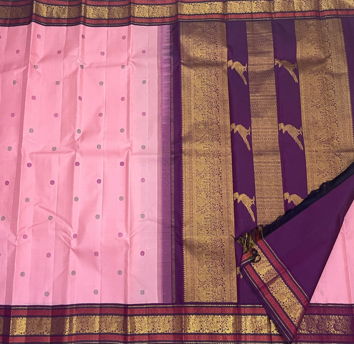 Lotus Pink Pure Silk Kanchipuram Korvai saree with Deep Purple border