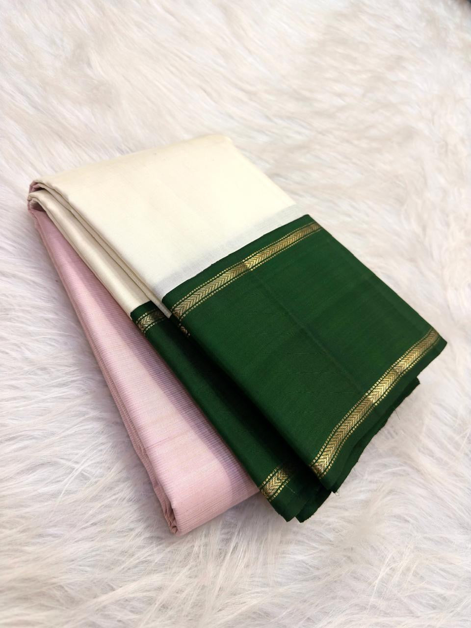 Pink ivory and temple green handwoven Kanchipuram silk saree
