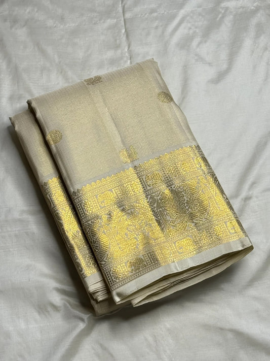 Luminous Ivory-Gold Pure Silk KanchiPattu Zari Kattam Saree - full saree view