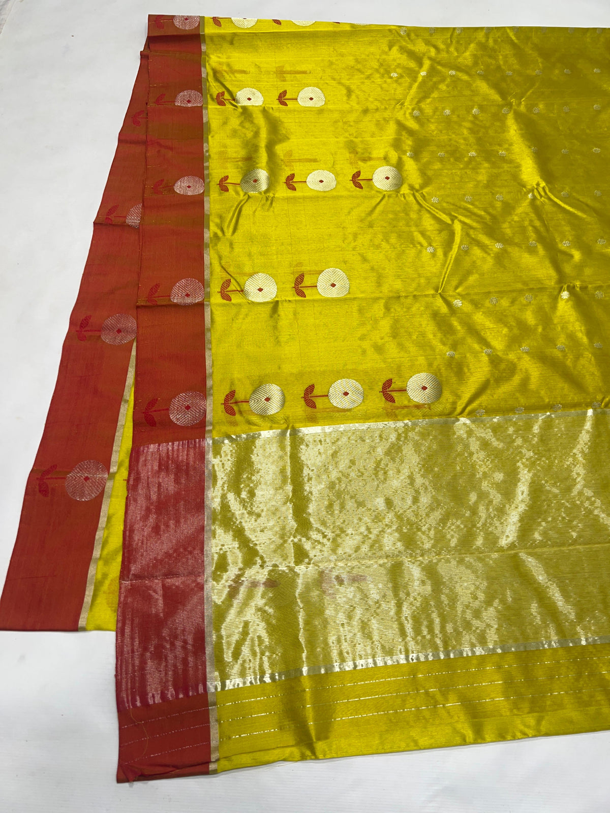 Luminous lime yellow Chanderi silk with small gold buttas
