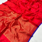 Ruby red pure silk Chanderi handloom saree with vivid violet border and luminous festive drape